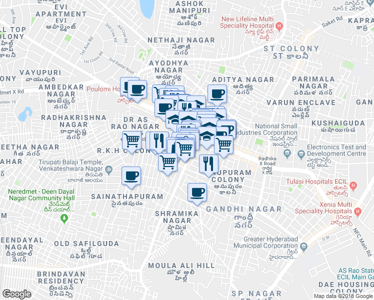 map of restaurants, bars, coffee shops, grocery stores, and more near Doctor A S Rao Nagar Road in Secunderabad