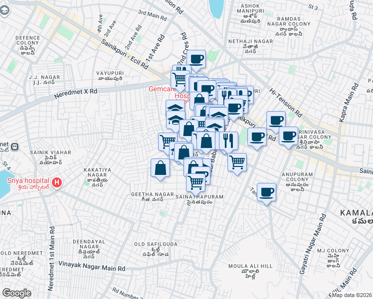 map of restaurants, bars, coffee shops, grocery stores, and more near in Secunderabad