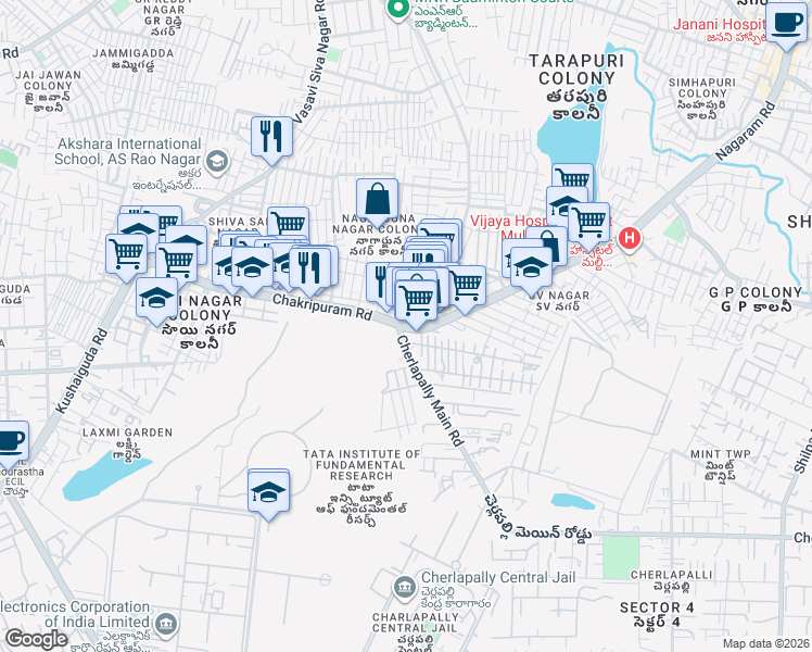 map of restaurants, bars, coffee shops, grocery stores, and more near 1-10-1/218/41/A Chakripuram Road in Secunderabad