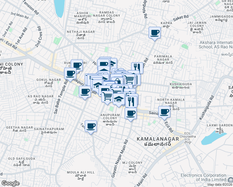 map of restaurants, bars, coffee shops, grocery stores, and more near 2nd Cross Road in Secunderabad