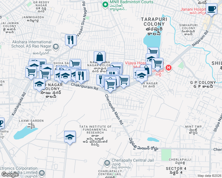 map of restaurants, bars, coffee shops, grocery stores, and more near 1-10-1/218/41/A Chakripuram Road in Secunderabad