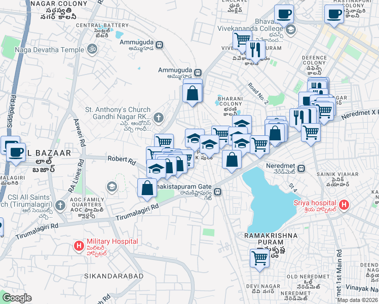 map of restaurants, bars, coffee shops, grocery stores, and more near RK Puram Flyover in Secunderabad