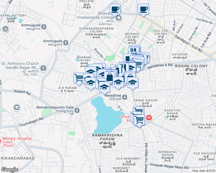 map of restaurants, bars, coffee shops, grocery stores, and more near Vinoba Nagar - Kakatiya Nagar Road in Secunderabad
