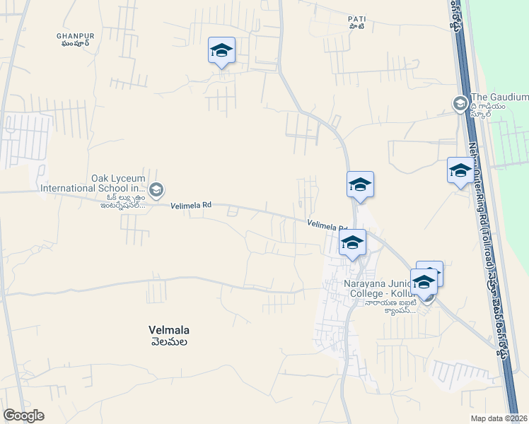 map of restaurants, bars, coffee shops, grocery stores, and more near Velimela Road in Hyderabad