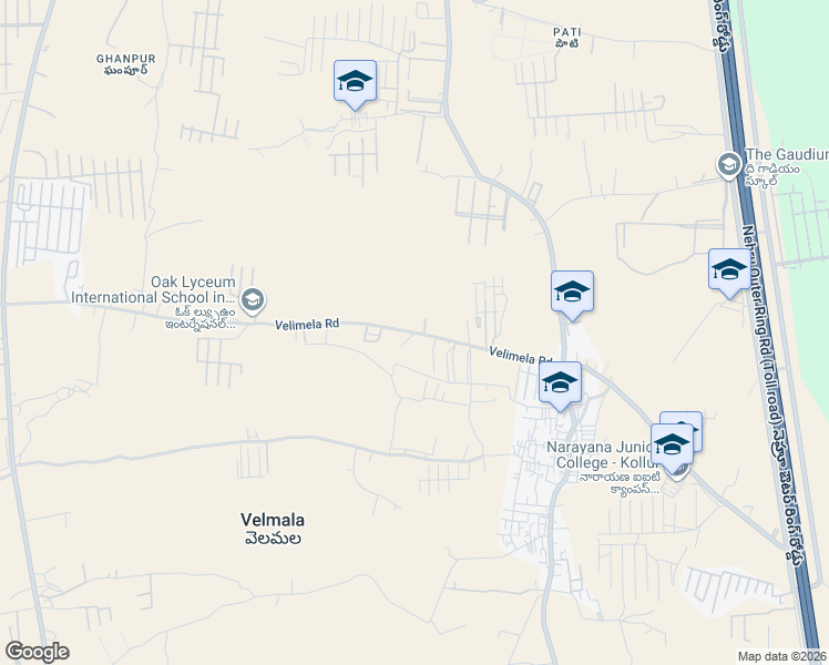 map of restaurants, bars, coffee shops, grocery stores, and more near Velimela Road in Hyderabad