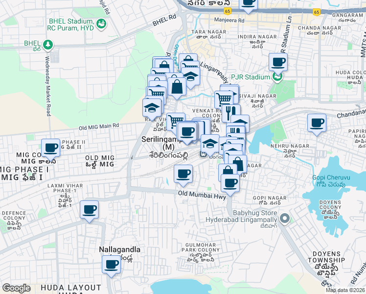 map of restaurants, bars, coffee shops, grocery stores, and more near in Serilingampalle (M)