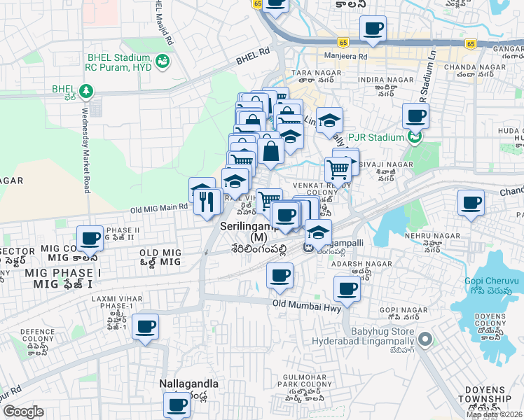 map of restaurants, bars, coffee shops, grocery stores, and more near Old Mumbai Road in Hyderabad