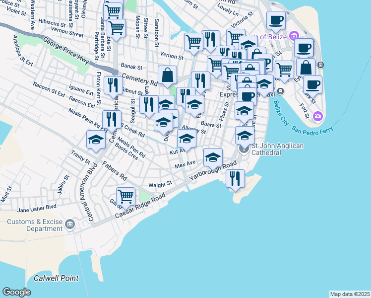 map of restaurants, bars, coffee shops, grocery stores, and more near Amara Avenue in Belize City
