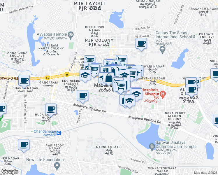 map of restaurants, bars, coffee shops, grocery stores, and more near in Madeenaguda