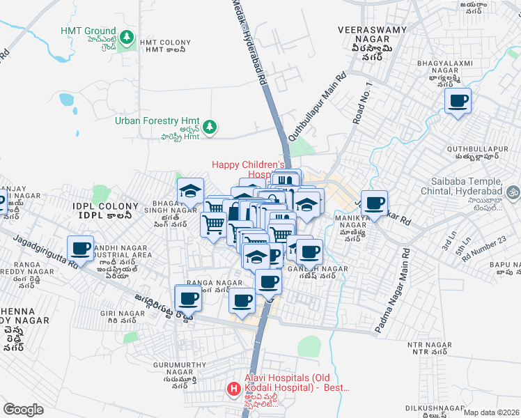 map of restaurants, bars, coffee shops, grocery stores, and more near in Hyderabad