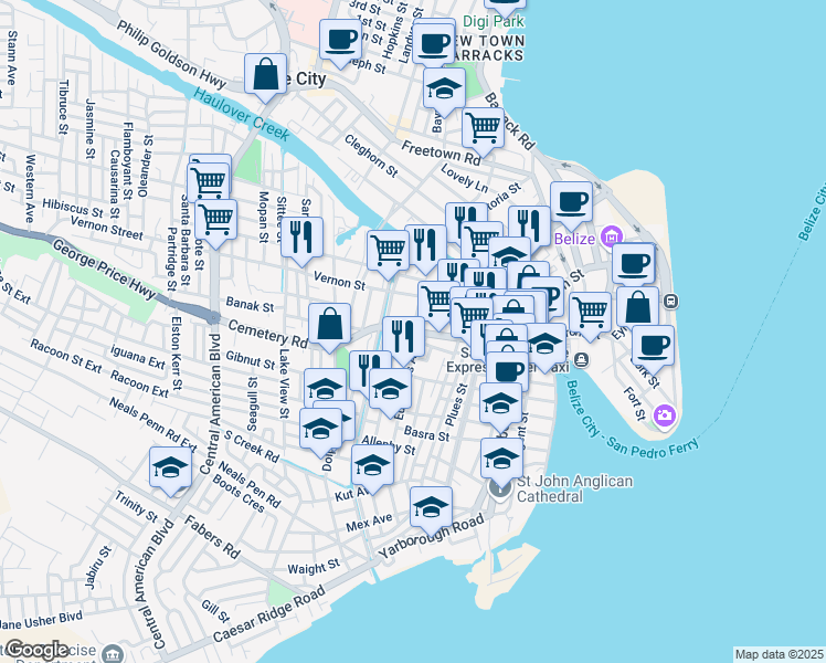 map of restaurants, bars, coffee shops, grocery stores, and more near Orange St in Belize City