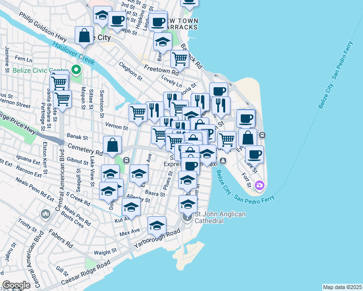 map of restaurants, bars, coffee shops, grocery stores, and more near Water Lane in Belize City
