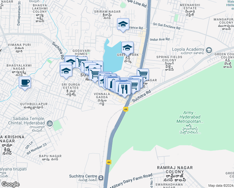 map of restaurants, bars, coffee shops, grocery stores, and more near 62 Quthbullapur Main Road in Hyderabad