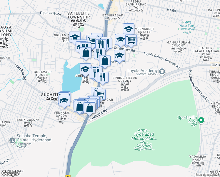 map of restaurants, bars, coffee shops, grocery stores, and more near Medchal Road in Secunderabad