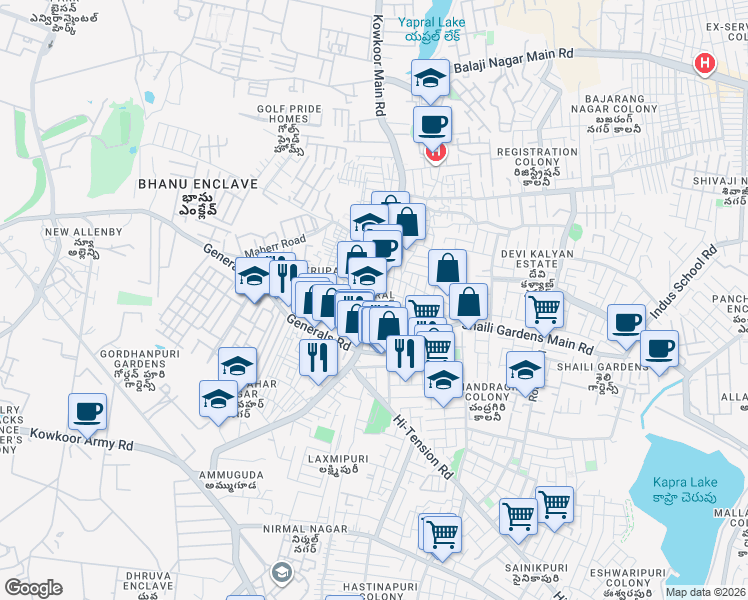 map of restaurants, bars, coffee shops, grocery stores, and more near 180/b Yapral Main Road in Secunderabad