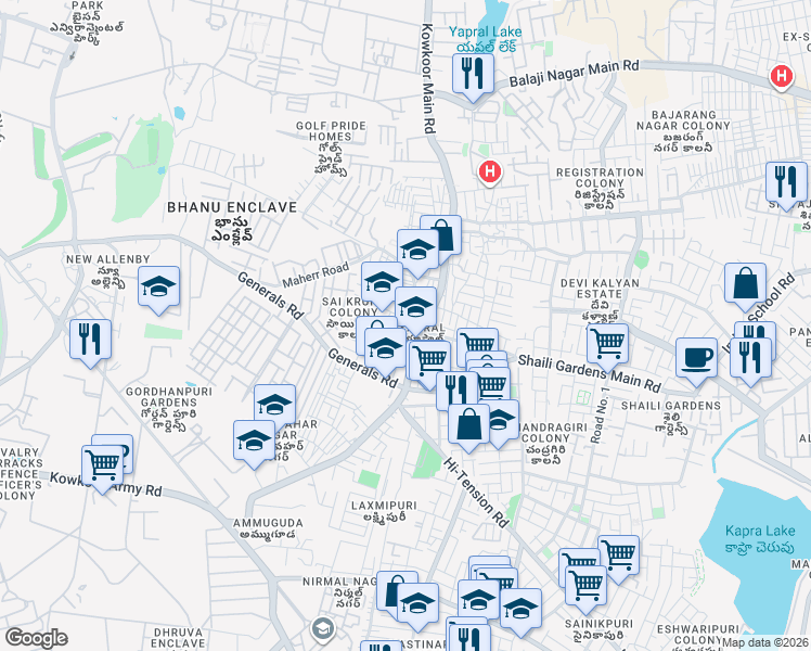 map of restaurants, bars, coffee shops, grocery stores, and more near 180/b Yapral Main Road in Secunderabad