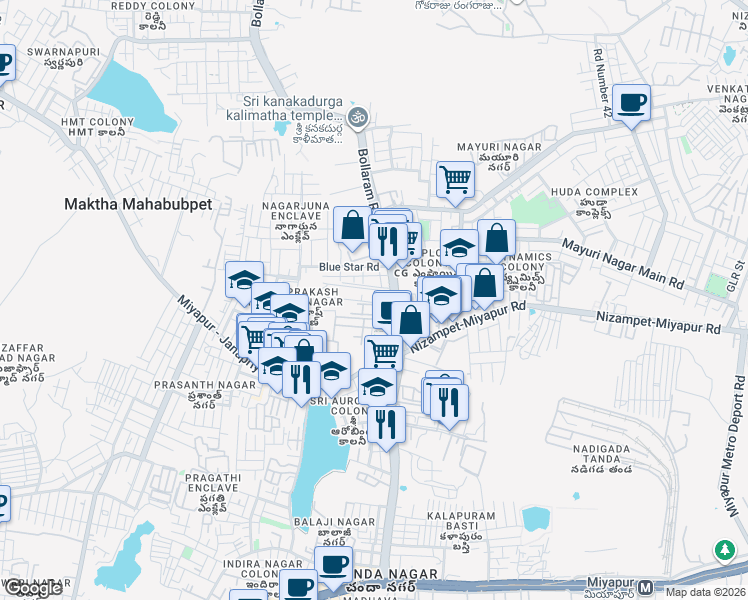 map of restaurants, bars, coffee shops, grocery stores, and more near Bollaram Road in Hyderabad