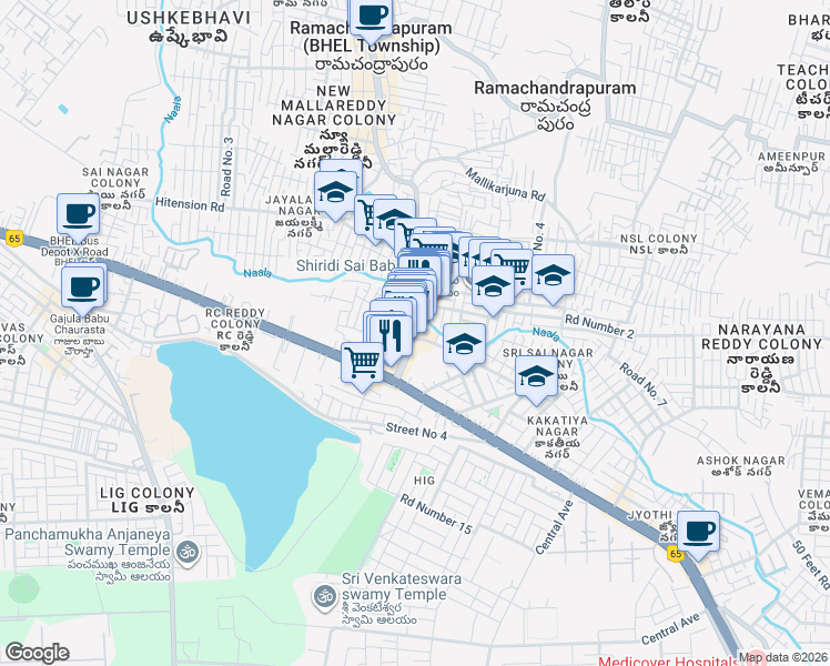 map of restaurants, bars, coffee shops, grocery stores, and more near Beeramguda Kaman Road in Hyderabad