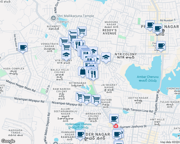 map of restaurants, bars, coffee shops, grocery stores, and more near 3-82 Nizampet Road in Hyderabad