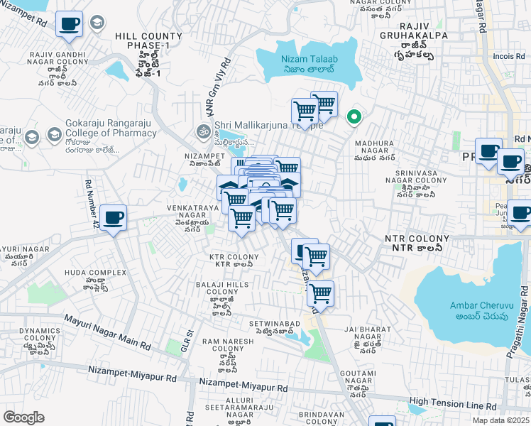 map of restaurants, bars, coffee shops, grocery stores, and more near Nizampet Road in Hyderabad