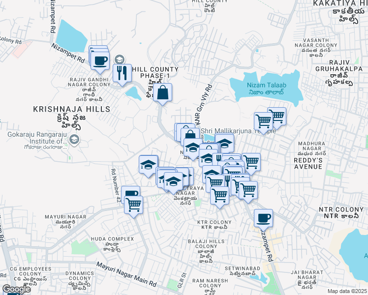 map of restaurants, bars, coffee shops, grocery stores, and more near Nizampet Road in Hyderabad