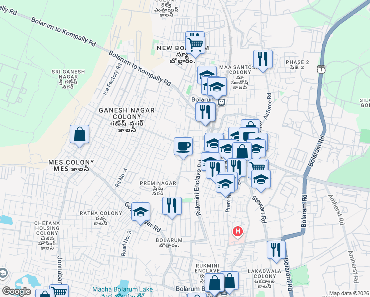 map of restaurants, bars, coffee shops, grocery stores, and more near Macha Bollaram Road in Secunderabad