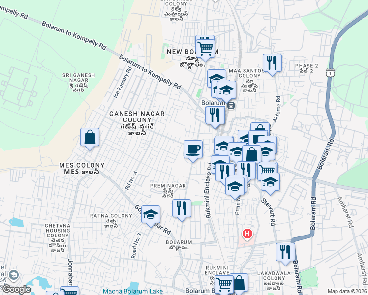 map of restaurants, bars, coffee shops, grocery stores, and more near Macha Bollaram Road in Secunderabad