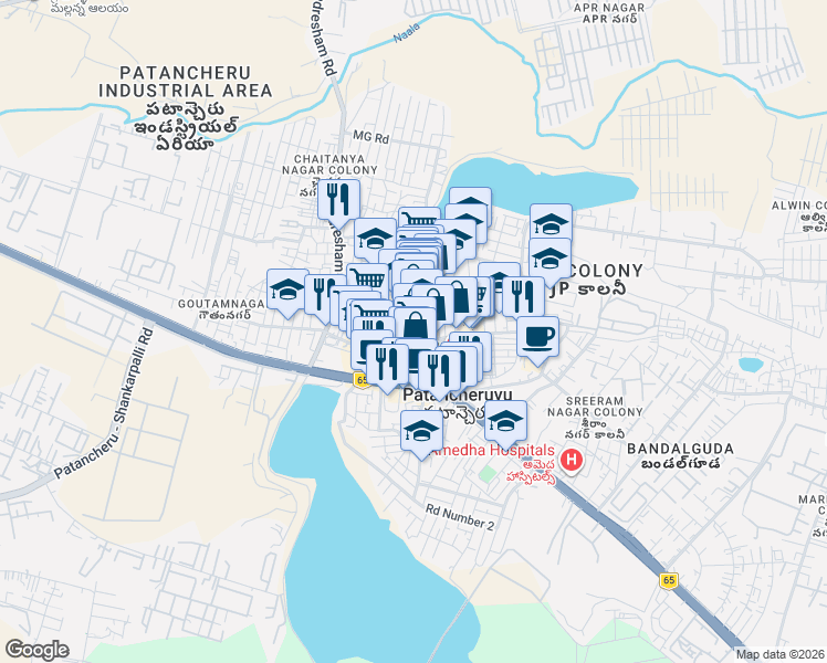 map of restaurants, bars, coffee shops, grocery stores, and more near 5-18/2 MG Road in Patancheruvu