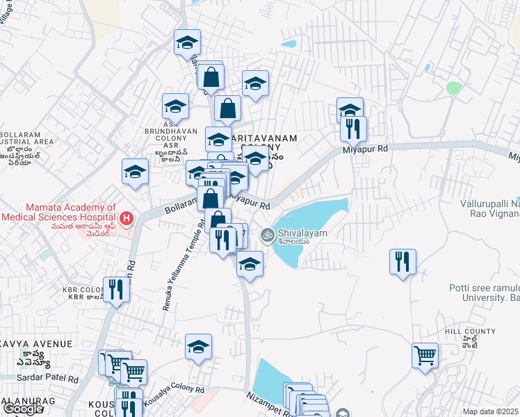 map of restaurants, bars, coffee shops, grocery stores, and more near Medak Road in Hyderabad