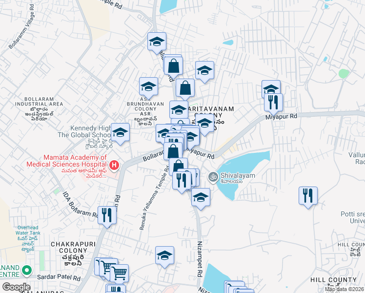 map of restaurants, bars, coffee shops, grocery stores, and more near Nizampet Road in Hyderabad