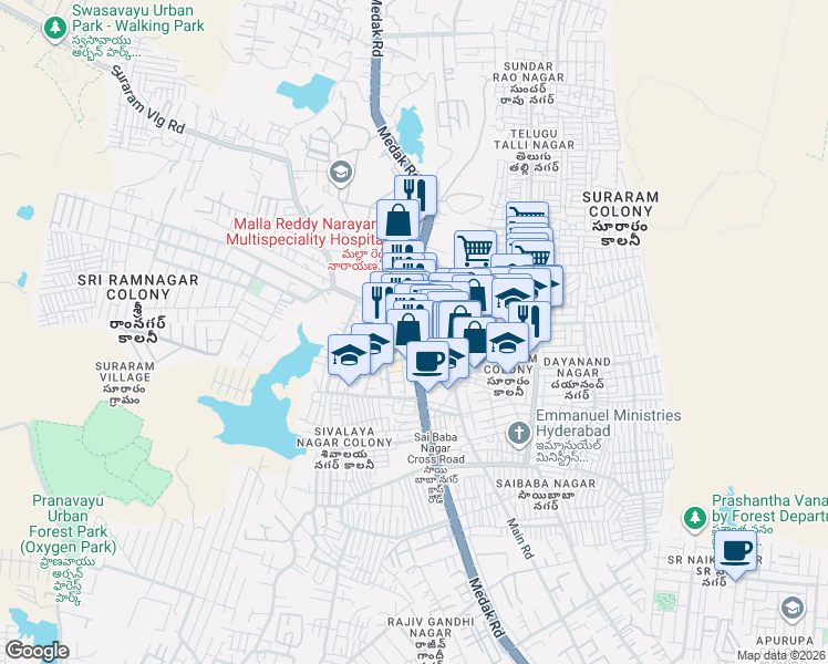 map of restaurants, bars, coffee shops, grocery stores, and more near in Hyderabad