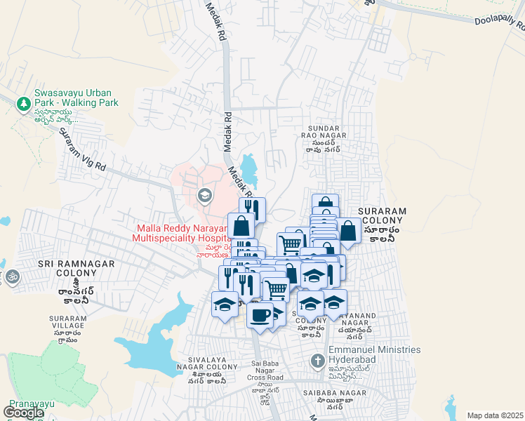 map of restaurants, bars, coffee shops, grocery stores, and more near Medak Rd in Hyderabad