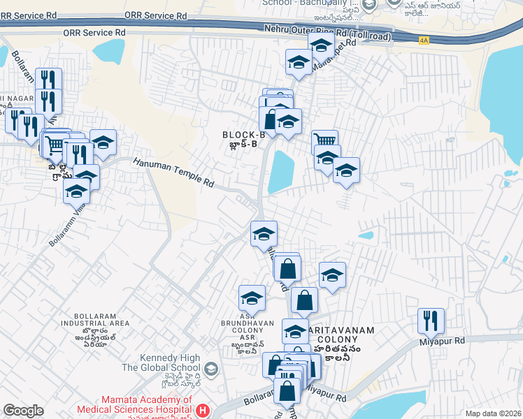 map of restaurants, bars, coffee shops, grocery stores, and more near House # 110, HiRise Meadows, Mallampet Hi Rise Meadows Main Road in Hyderabad