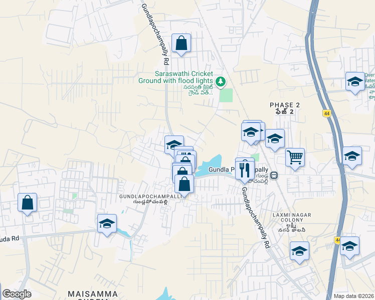 map of restaurants, bars, coffee shops, grocery stores, and more near Gundlapochampally Road in Hyderabad