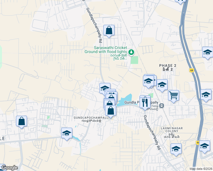 map of restaurants, bars, coffee shops, grocery stores, and more near Gundlapochampally Road in Hyderabad