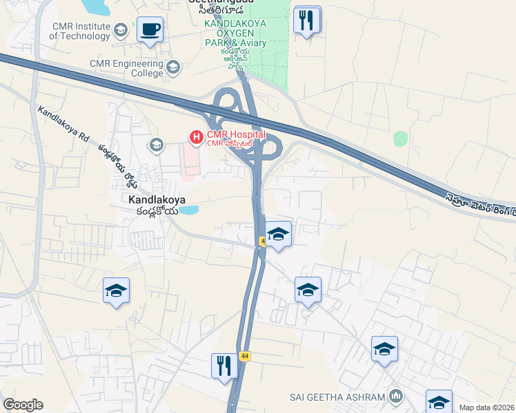 map of restaurants, bars, coffee shops, grocery stores, and more near Medchal Road in Secunderabad