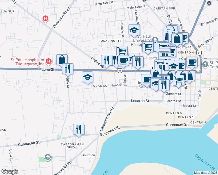 map of restaurants, bars, coffee shops, grocery stores, and more near 43 Arao Street in Tuguegarao City