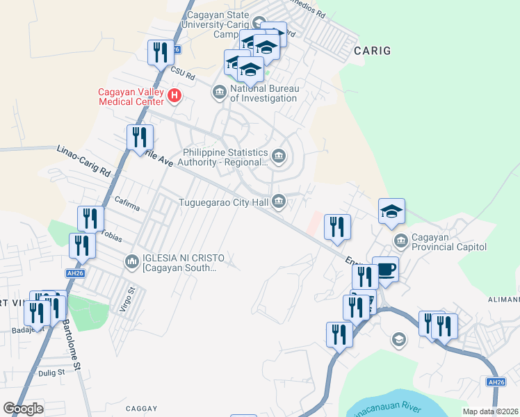 map of restaurants, bars, coffee shops, grocery stores, and more near Enrile Avenue in Tuguegarao City