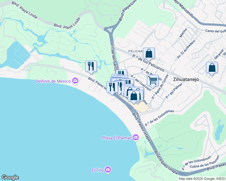 map of restaurants, bars, coffee shops, grocery stores, and more near Paseo del Palmar in Ixtapa Zihuatanejo