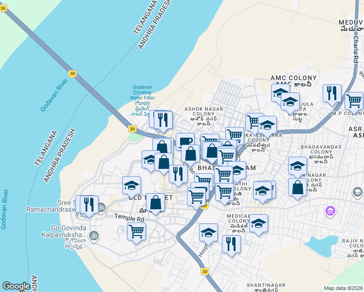 map of restaurants, bars, coffee shops, grocery stores, and more near Kothagudem-Bhadrachalam Road in Bhadrachalam