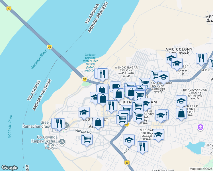 map of restaurants, bars, coffee shops, grocery stores, and more near Kothagudem-Bhadrachalam Road in Bhadrachalam