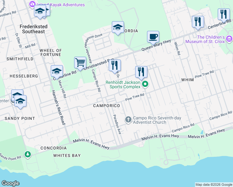 map of restaurants, bars, coffee shops, grocery stores, and more near Campo Rico Street in Frederiksted