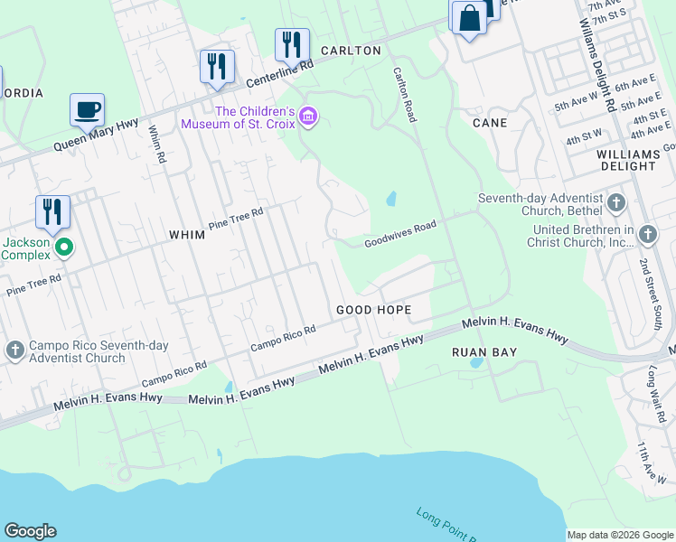 map of restaurants, bars, coffee shops, grocery stores, and more near in Frederiksted Southeast