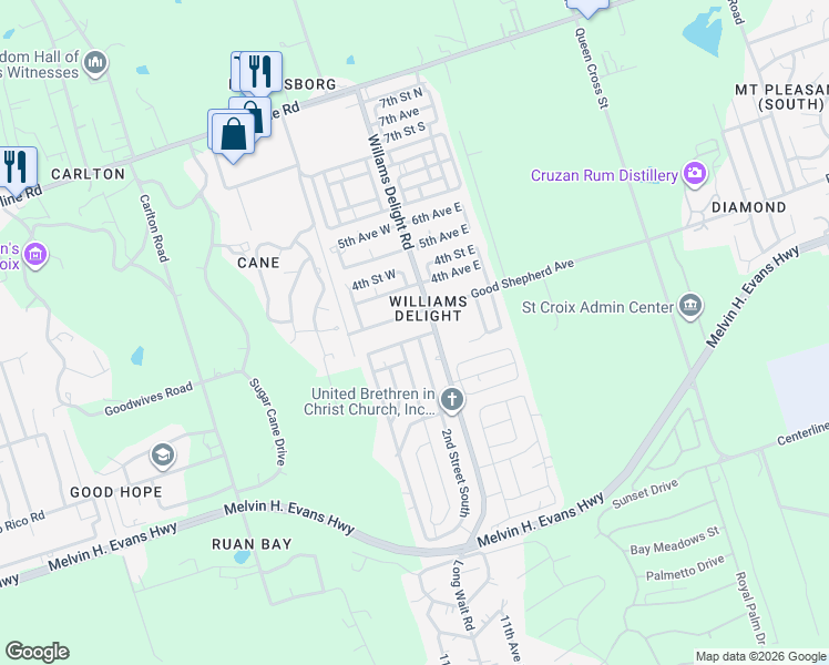 map of restaurants, bars, coffee shops, grocery stores, and more near 821 Good Shepherd Avenue in Frederiksted