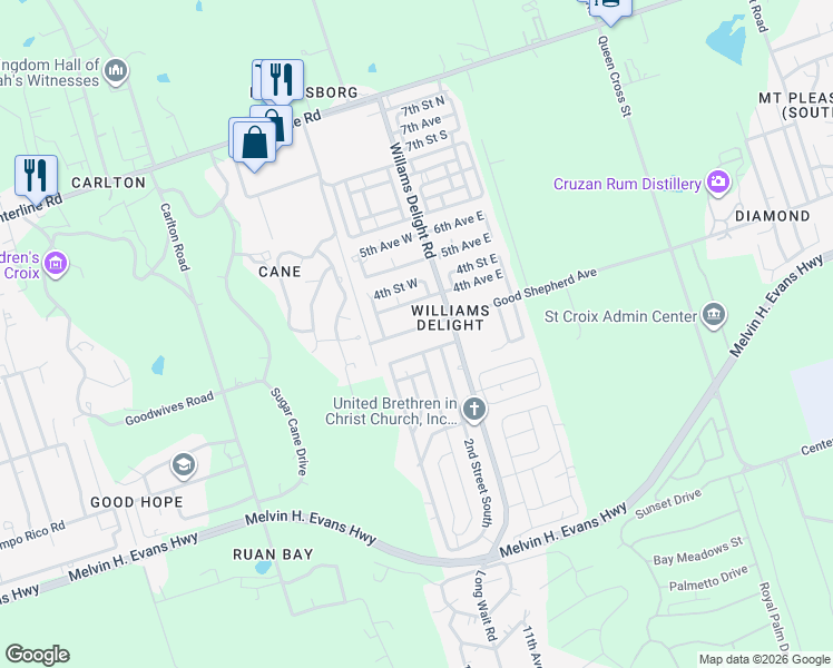 map of restaurants, bars, coffee shops, grocery stores, and more near 821 Good Shepherd Avenue in Frederiksted