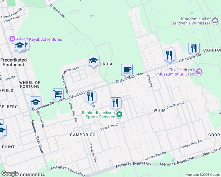 map of restaurants, bars, coffee shops, grocery stores, and more near 4951 Concordia Road in Frederiksted