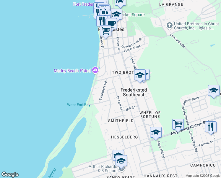 map of restaurants, bars, coffee shops, grocery stores, and more near 2 Brothers Road in Frederiksted