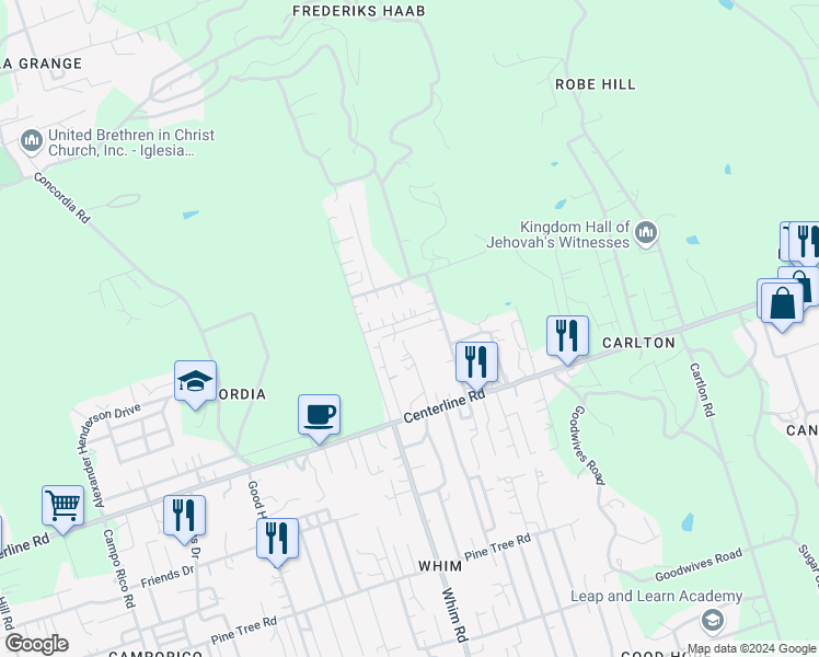 map of restaurants, bars, coffee shops, grocery stores, and more near in Frederiksted Southeast