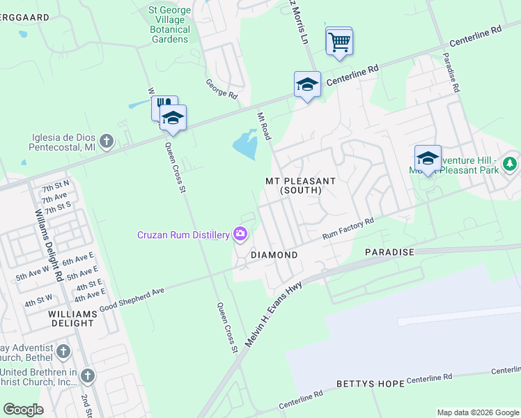 map of restaurants, bars, coffee shops, grocery stores, and more near in Frederiksted Southeast