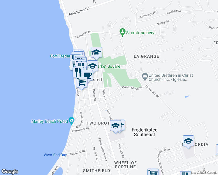 map of restaurants, bars, coffee shops, grocery stores, and more near East Street in Frederiksted